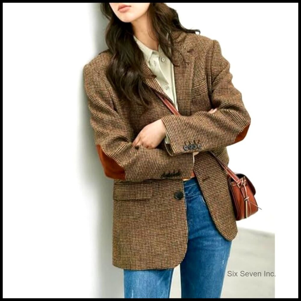 Wool Blend Blazer Jacket Single Breasted Lapel Plaid Business Work Coat - Picture 2 of 7